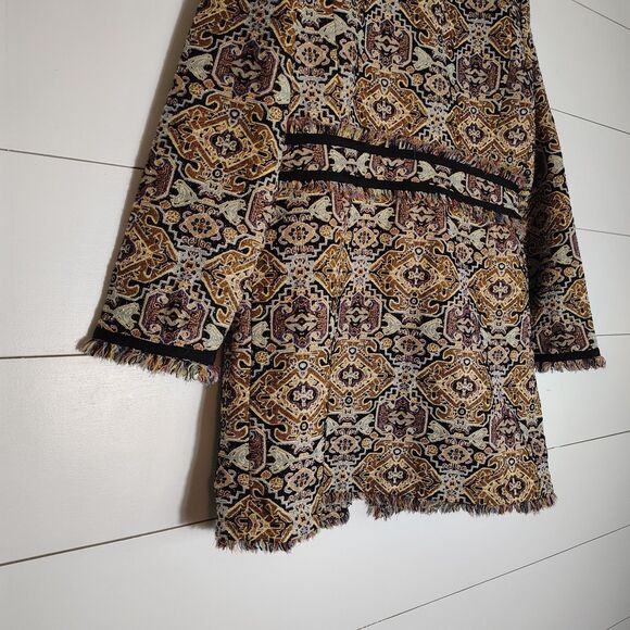 Chicos Floral Tapestry Jacket Size 1 Med Duster Fringe Jacquard Topper Boho - Picture 5 of 12